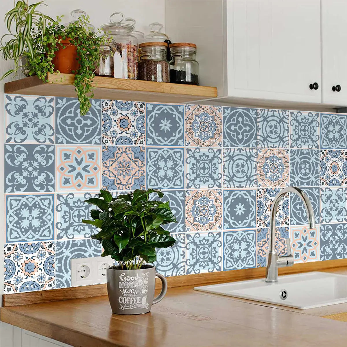 8" X 8" Baby Blue And Peach Mosaic Peel And Stick Removable Tiles - Homeroots - Flyclothing LLC