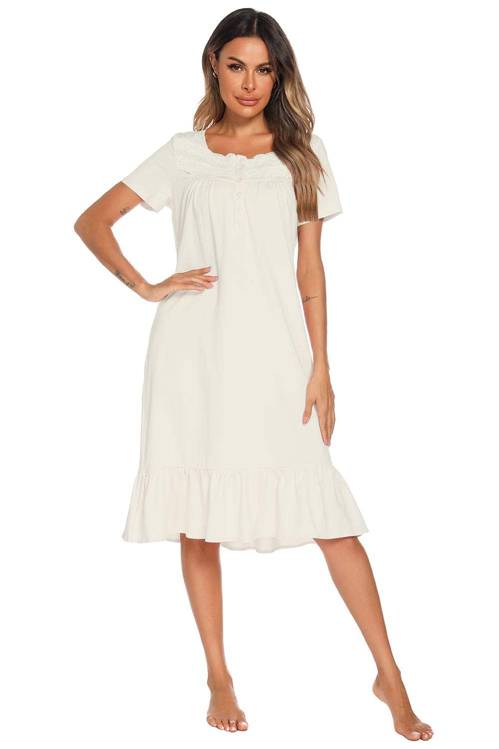 Lace Detail Square Neck Lounge Dress - Trendsi - Flyclothing LLC