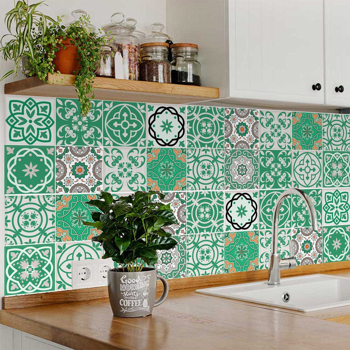 7" X 7" Green And White Mosaic Peel And Stick Removable Tiles - Homeroots