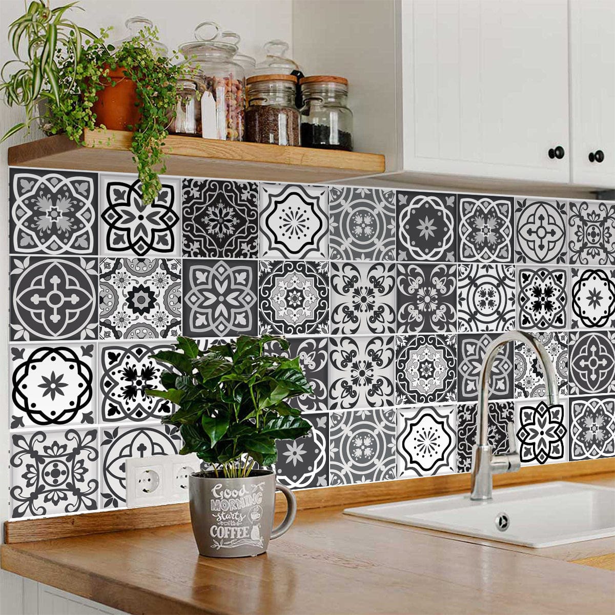 8" X 8" Shades Of Black Mosaic Peel And Stick Removable Tiles - Homeroots