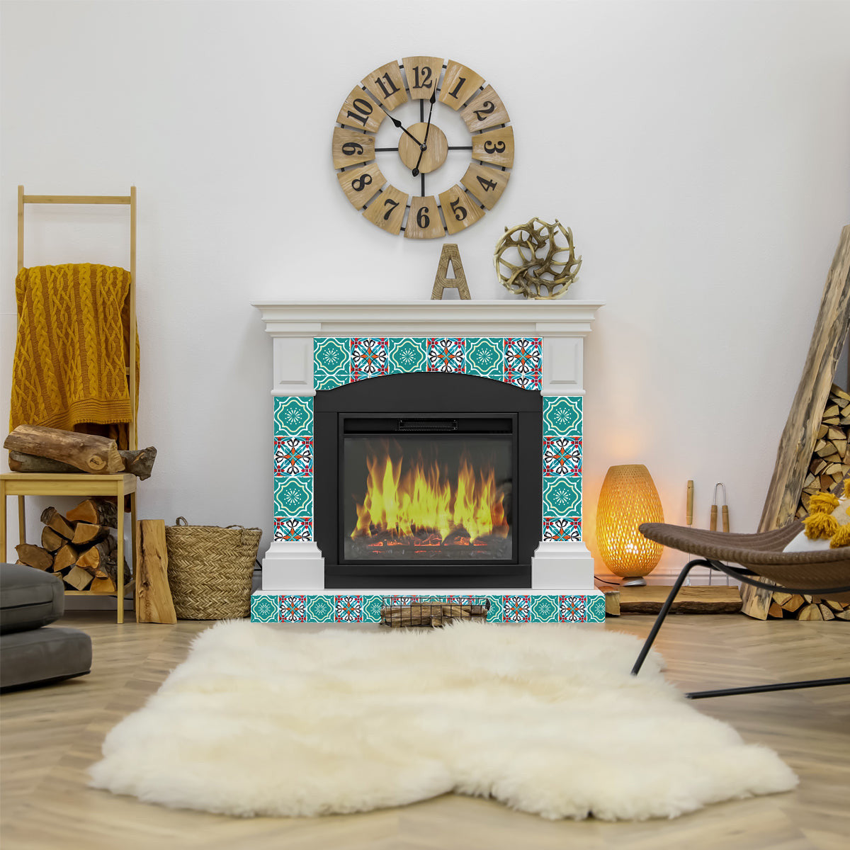 8" X 8" Turq And Terra Cotta Scroll Peel And Stick Removable Tiles