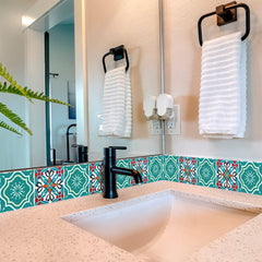 8" X 8" Turq And Terra Cotta Scroll Peel And Stick Removable Tiles