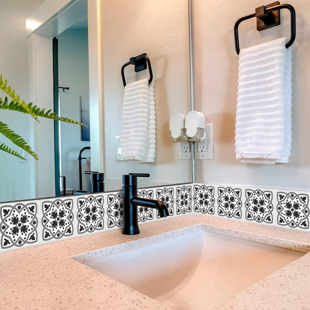 7" X 7" Charcoal And White Scroll Peel And Stick Removable Tiles - Homeroots