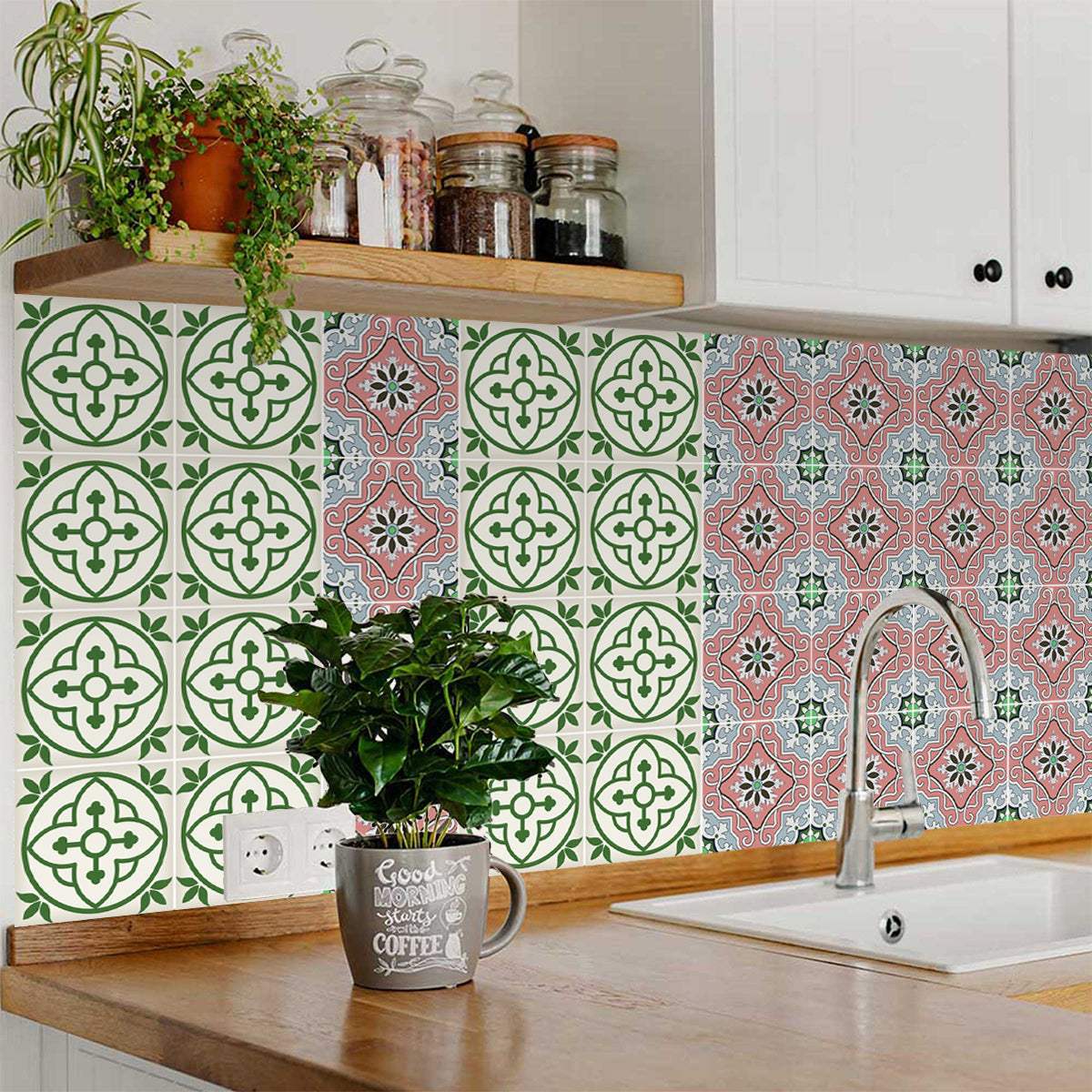 6" X 6" Vintage Green And Taupe Mosaic Peel And Stick Removable Tiles - Homeroots - Flyclothing LLC