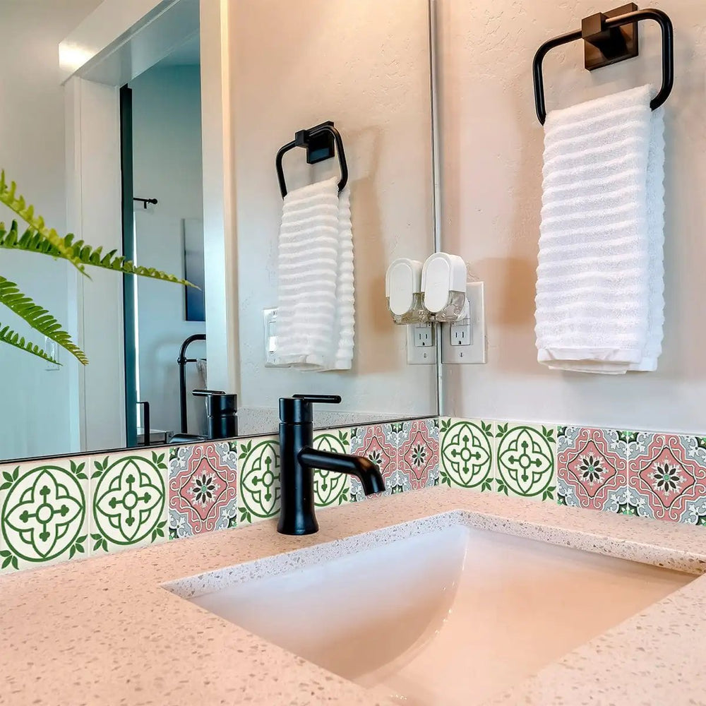 7" X 7" Vintage Green And Taupe Mosaic Peel And Stick Removable Tiles - Homeroots - Flyclothing LLC