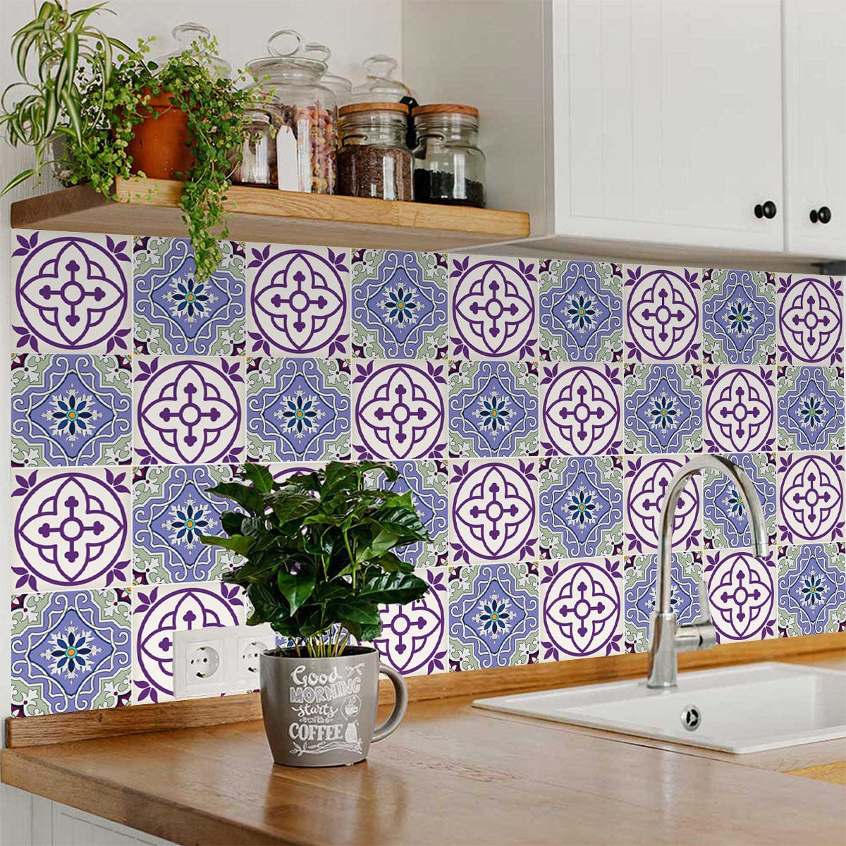7" X 7" Vintage Purple And Taupe Mosaic Peel And Stick Removable Tiles - Homeroots