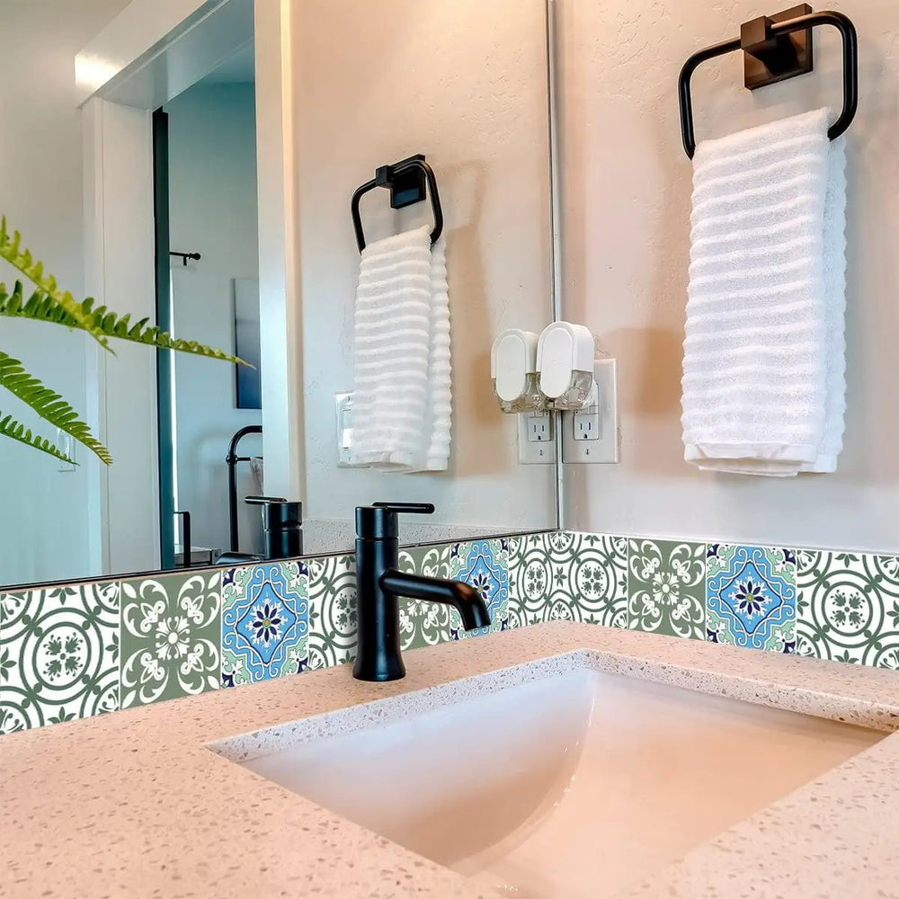 6" X 6" Sage And Aqua Floral Peel And Stick Removable Tiles - Homeroots