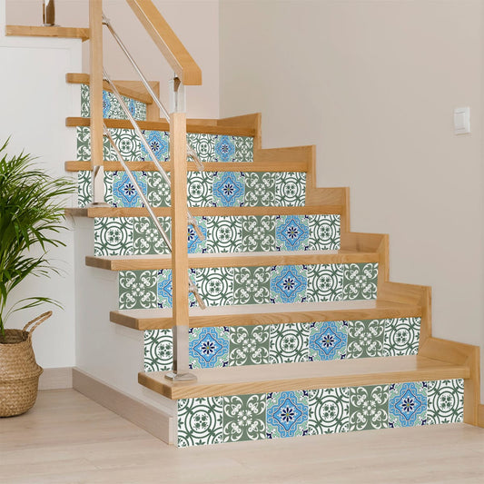 6" X 6" Sage And Aqua Floral Peel And Stick Removable Tiles - Homeroots