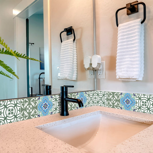 8" X 8" Sage And Aqua Floral Peel And Stick Removable Tiles