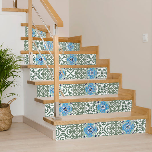 8" X 8" Sage And Aqua Floral Peel And Stick Removable Tiles