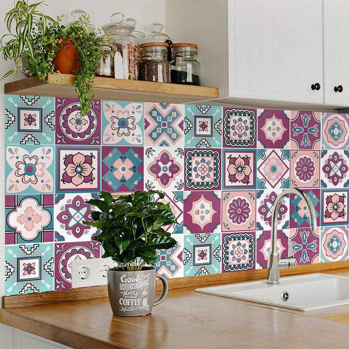 4" X 4" Vintage Turq Blush And Mauve Peel And Stick Removable Tiles - Homeroots - Flyclothing LLC