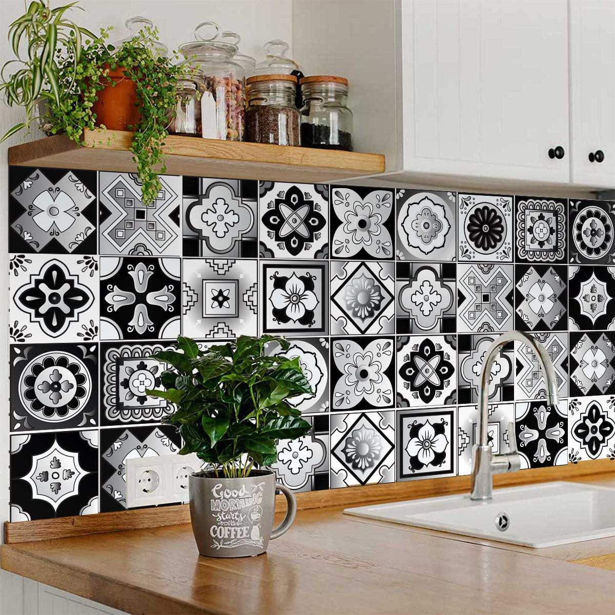 6" X 6" Black White And Gray Mosaic Peel And Stick Removable Tiles - Homeroots - Flyclothing LLC