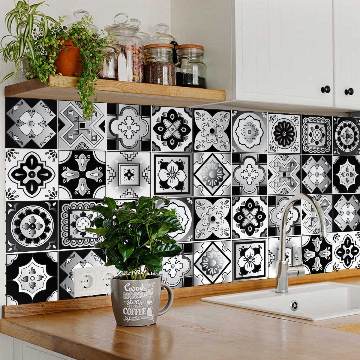7" X 7" Black White And Gray Mosaic Peel And Stick Removable Tiles - Homeroots