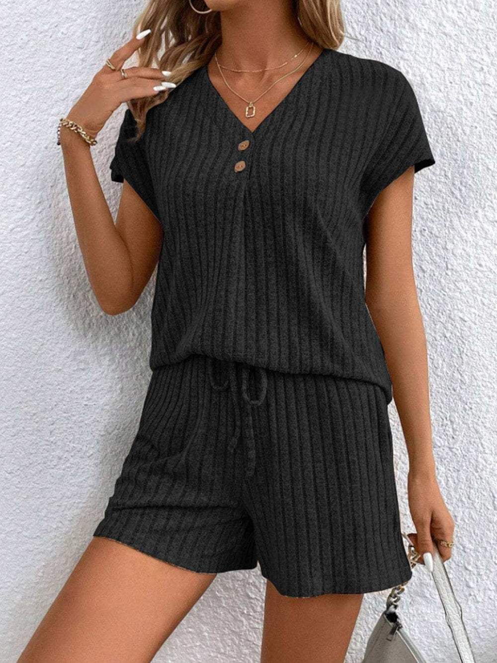 Ribbed V-Neck Top and Shorts Set - Trendsi - Flyclothing LLC