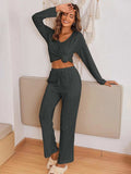V-Neck Long Sleeve Top and Pants Set - Trendsi - Flyclothing LLC