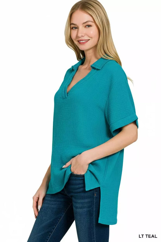 Zenana Double Gauze Short Sleeve High-Low Top - Trendsi - Flyclothing LLC