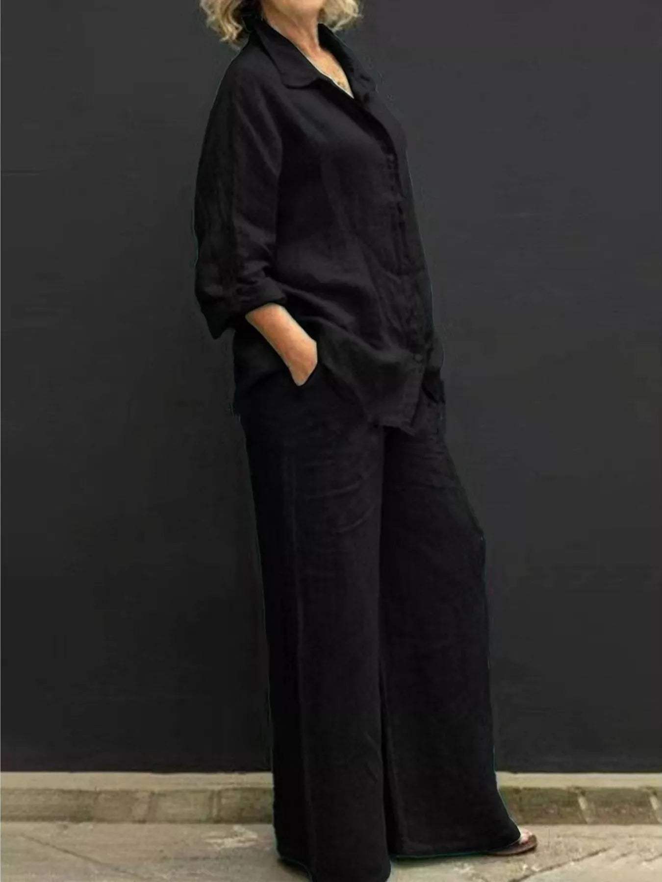 Full Size Long Sleeve Shirt and Pants Set Plus Size - Trendsi - Flyclothing LLC