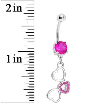 Fuchsia Pink Gem Flowing Hearts Belly Ring - BodyCandy - Flyclothing LLC