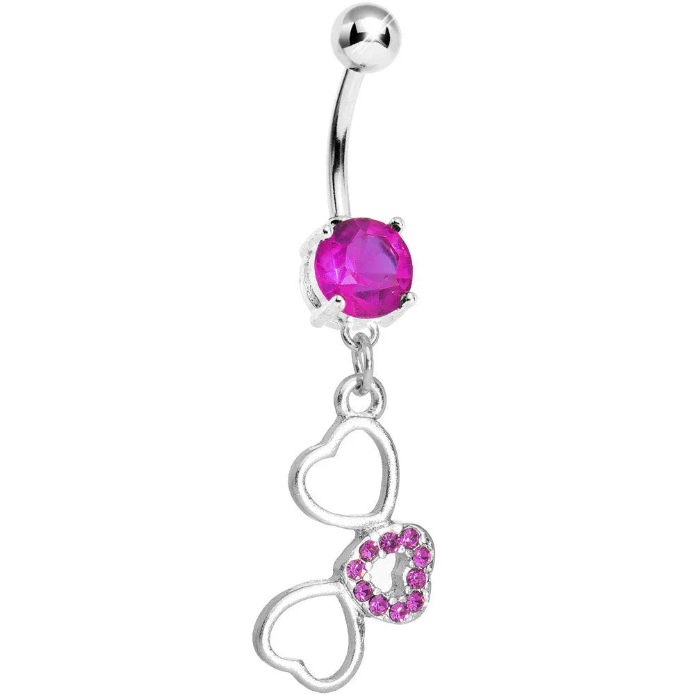Fuchsia Pink Gem Flowing Hearts Belly Ring - BodyCandy - Flyclothing LLC