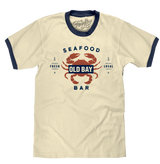 Old Bay Seafood Bar Lobster Logo Ringer T-Shirt - Beige and Navy