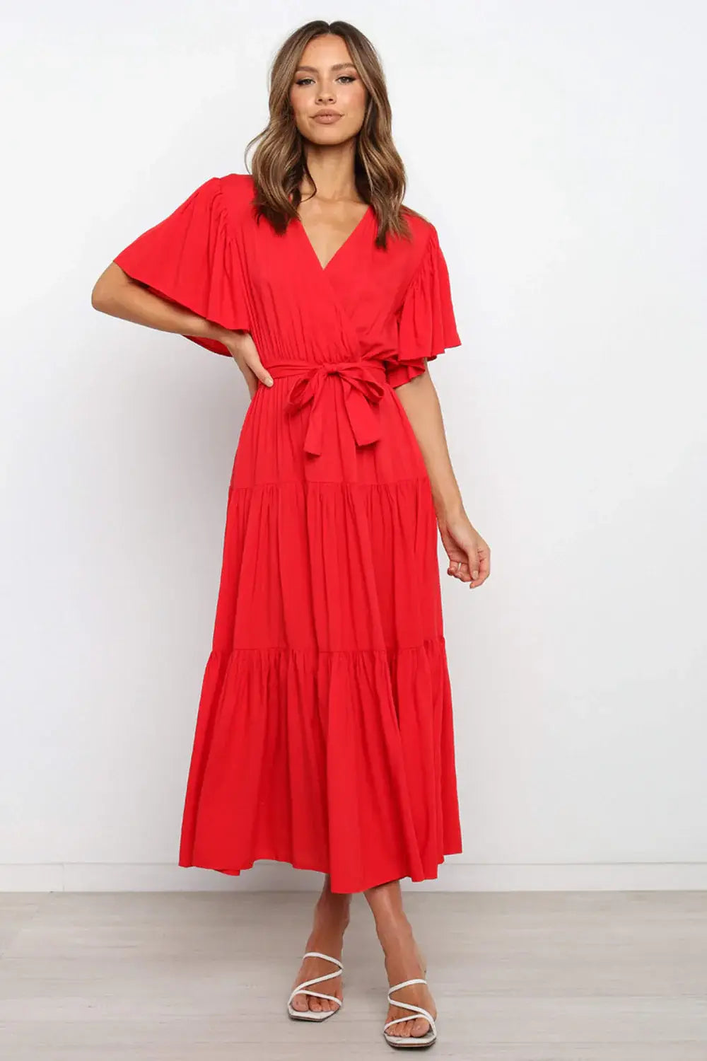Front Tie Short Sleeve Tiered Midi Dress - Trendsi - Flyclothing LLC