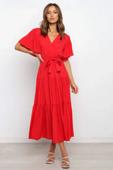 Front Tie Short Sleeve Tiered Midi Dress - Trendsi - Flyclothing LLC