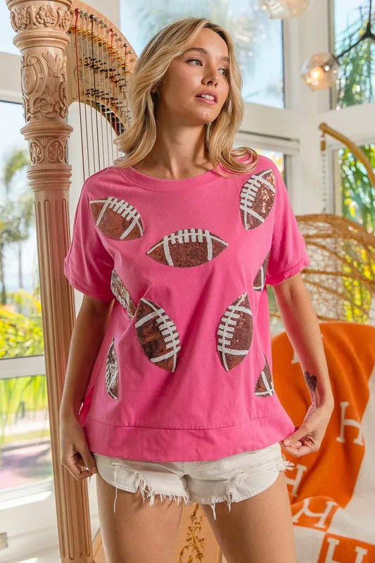 BiBi Game Day Sequins Patched Half Sleeves Top - Trendsi - Flyclothing LLC