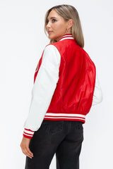 Love Me Now PU Leather Contrast Snap Down Bomber Jacket - Trendsi