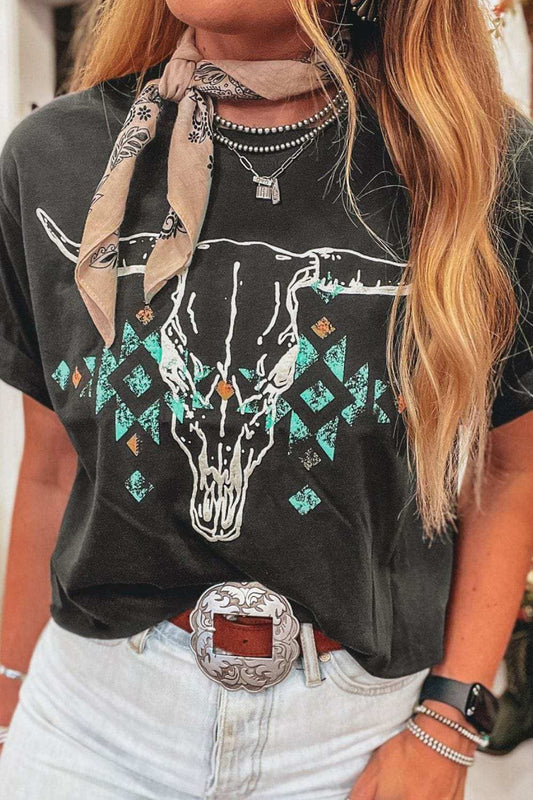 Bull Head Skull Round Neck Short Sleeve T Shirt - Trendsi - Flyclothing LLC
