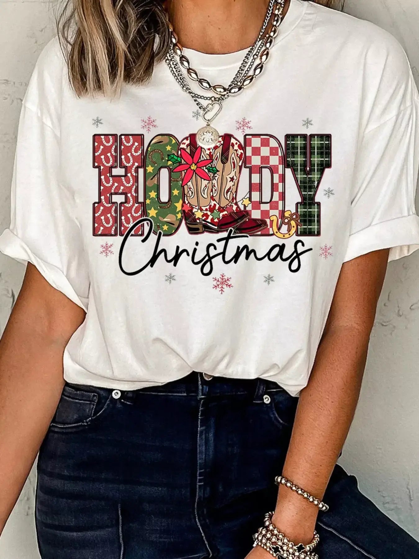 HOWDY Christmas Festive Letter Printed Crew Neck T Shirt - Trendsi - Flyclothing LLC