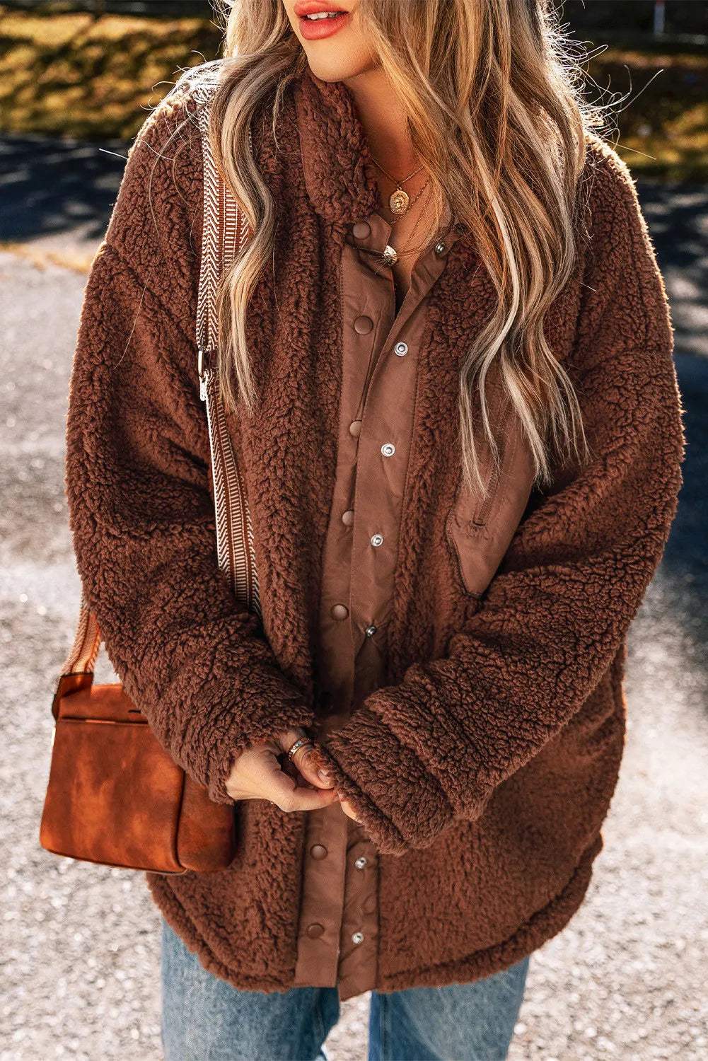 Fuzzy Snap Down Dropped Shoulder Jacket - Trendsi - Flyclothing LLC
