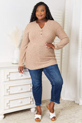 Double Take Notched Neck Ribbed Long Sleeve T-Shirt - Trendsi - Flyclothing LLC