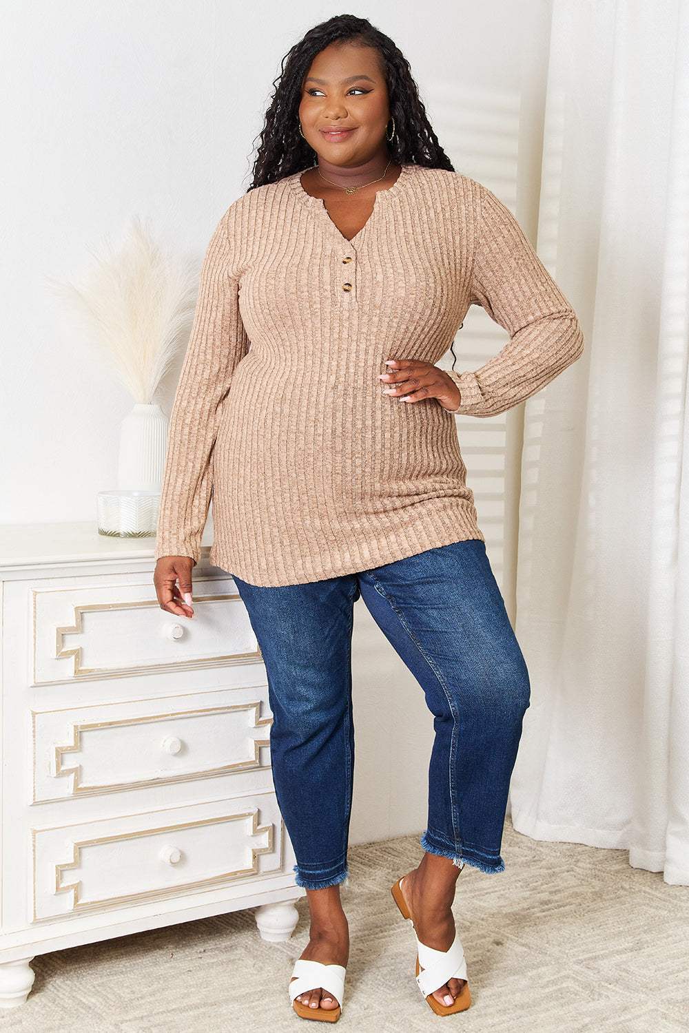 Double Take Notched Neck Ribbed Long Sleeve T-Shirt - Trendsi - Flyclothing LLC