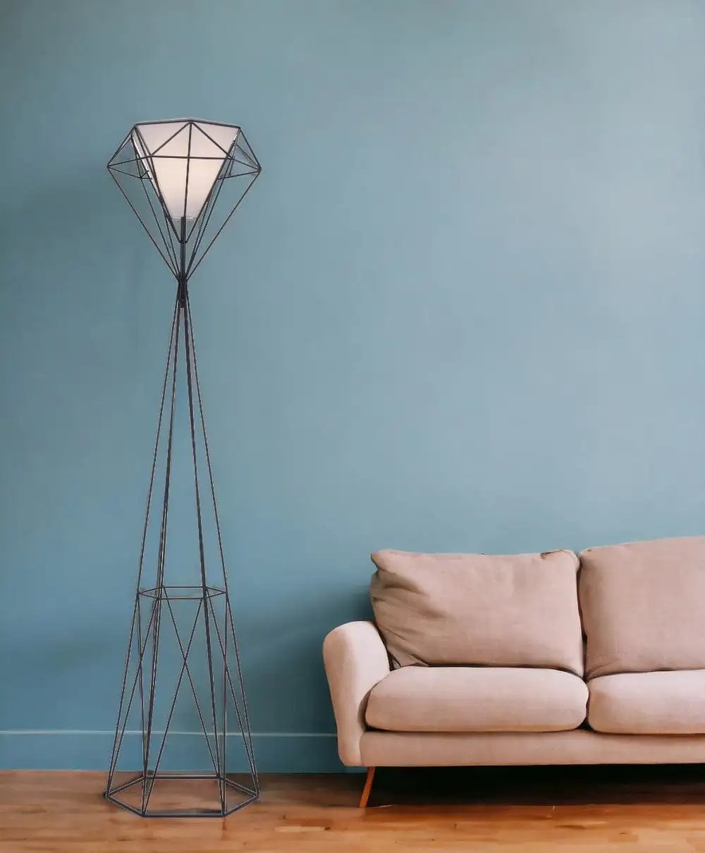 63" Black Geometric Floor Lamp With White Frosted Glass Hexagon Shade - Homeroots