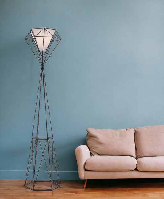 63" Black Geometric Floor Lamp With White Frosted Glass Hexagon Shade - Homeroots