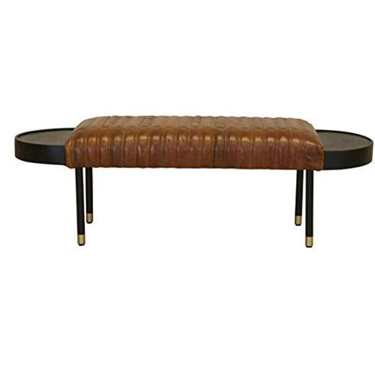 Warm Brown Leather And Solid Wood Bench - Homeroots