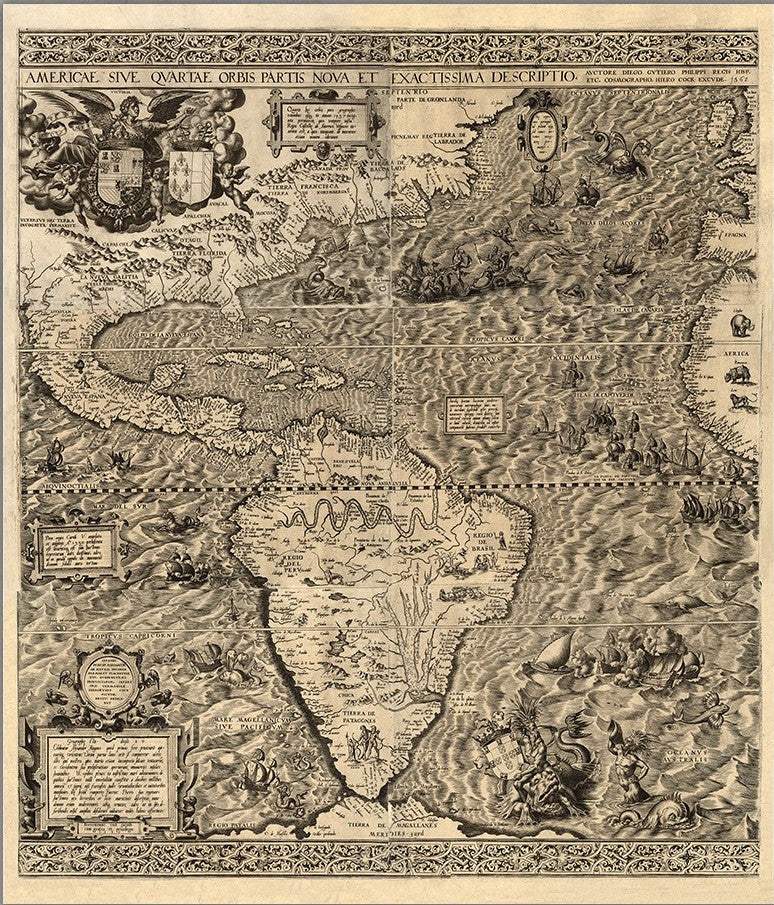 Vintage 1562 Map Of Early Americas Unframed Print Wall Art - Homeroots - Flyclothing LLC
