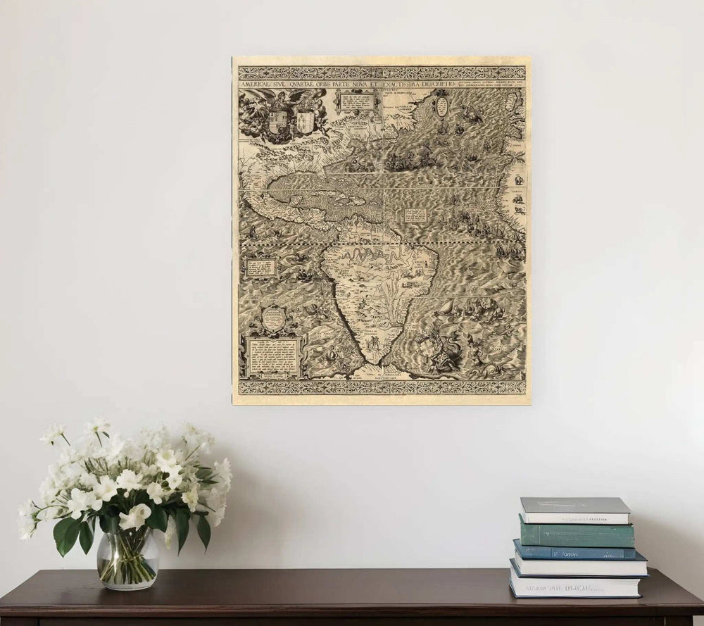 Vintage 1562 Map Of Early Americas Unframed Print Wall Art - Homeroots