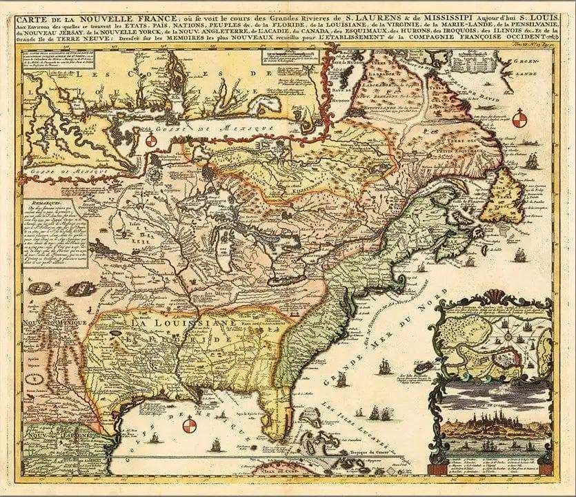Vintage 1718 Map Of New France Unframed Print Wall Art - Homeroots