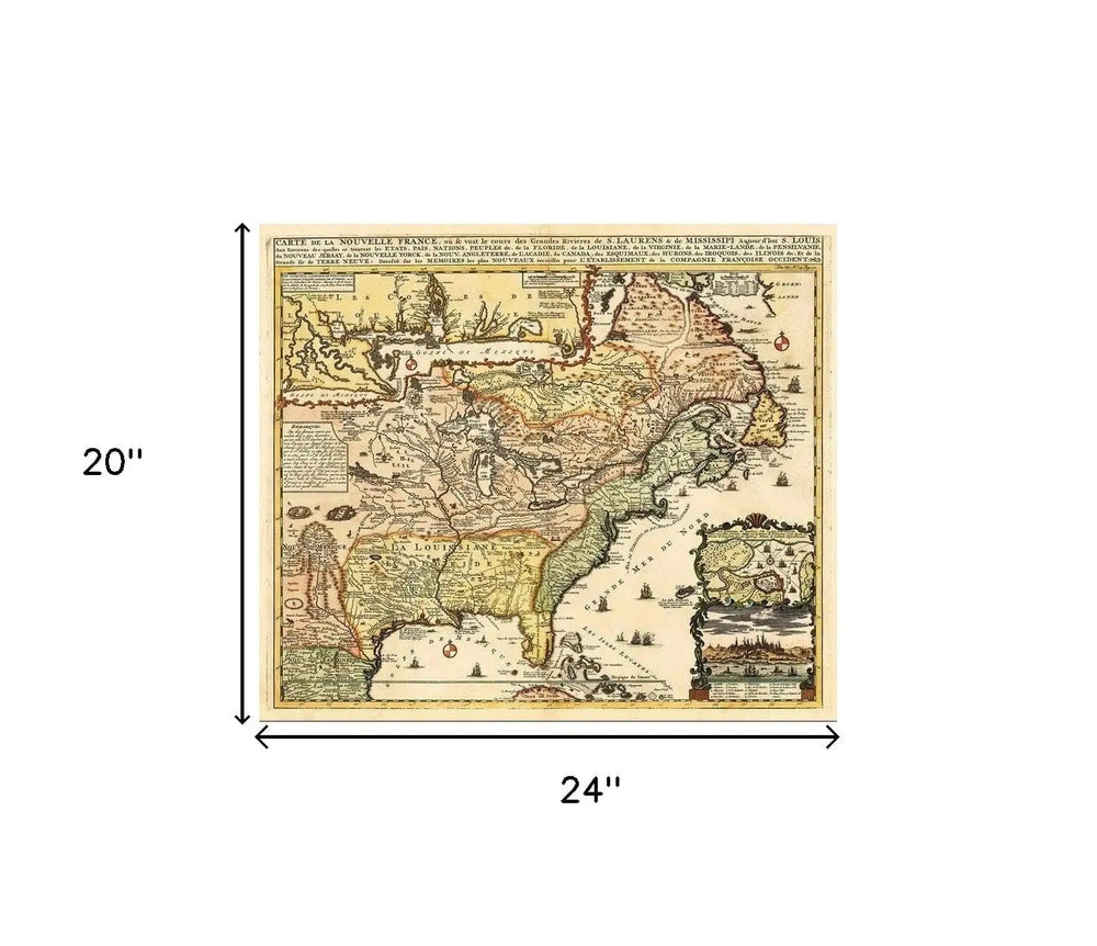 20" X 24" Vintage 1718 Map Of New France - Homeroots - Flyclothing LLC