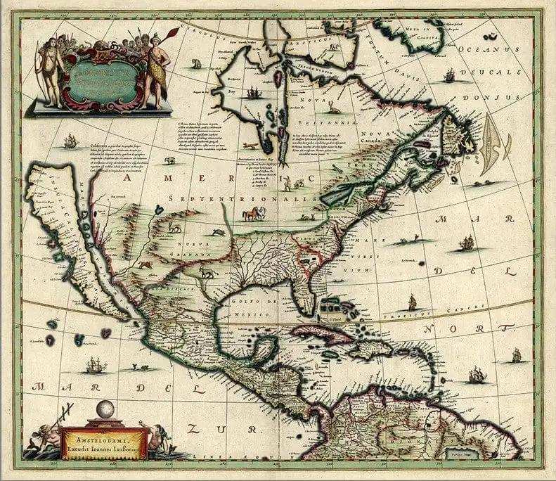 Vintage 1652 Map Of Early North America Unframed Print Wall Art - Homeroots
