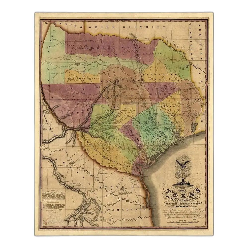 20" X 24" Texas And Surroundings C1837 Vintage Map Poster Wall Art - Homeroots - Flyclothing LLC