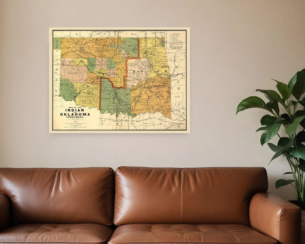 24" X 32" Map Of Indian And Oklahoma Territories Vintage Poster Wall Art - Homeroots