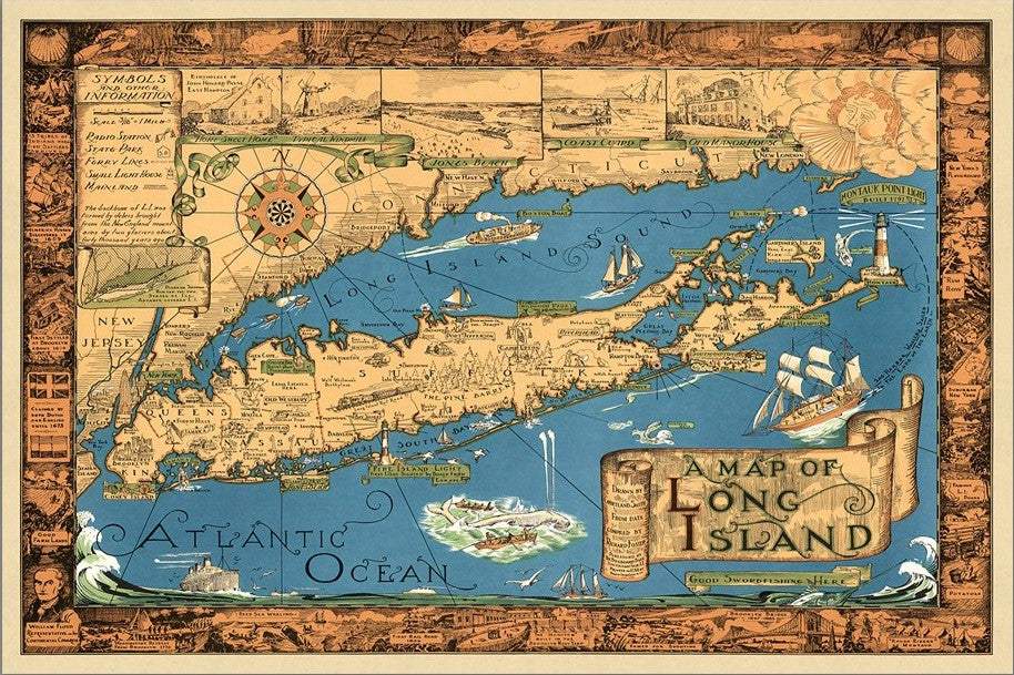 Vintage 1933 Map Of Long Island Unframed Print Wall Art - Homeroots - Flyclothing LLC