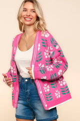 Haptics Full Size Floral Jacquard V-Neck Button Up Cardigan - Trendsi
