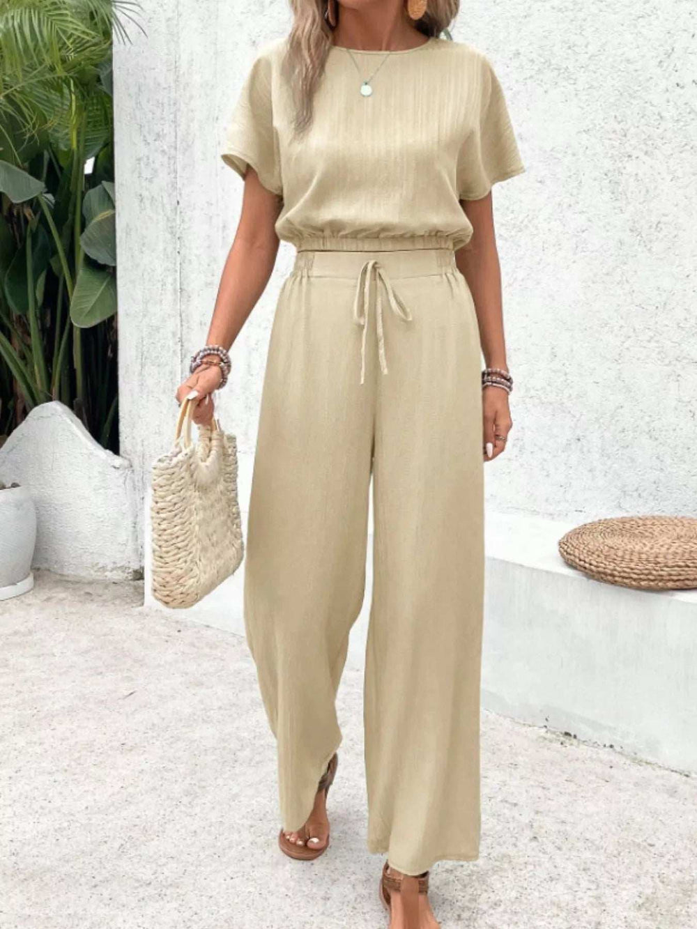 Round Neck Short Sleeve Top and Pants Set - Trendsi - Flyclothing LLC
