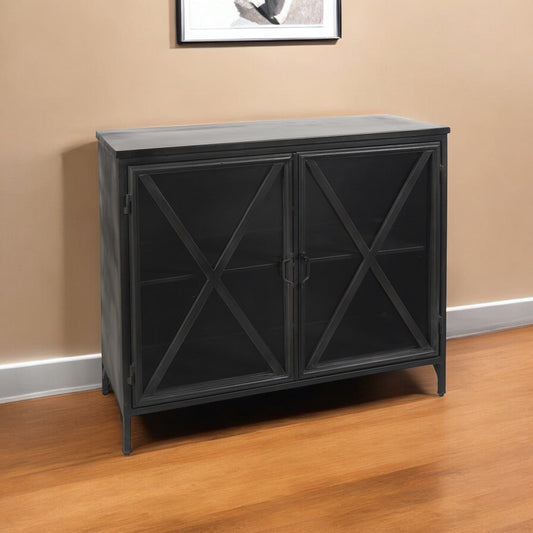 Rustic Black Metal Cabinet With Glass Doors - Homeroots