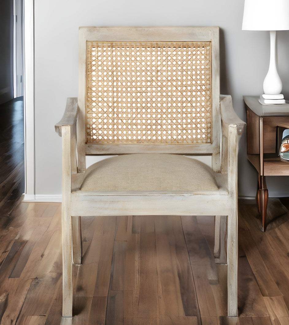 28" Cream And Natural Fabric Distressed Arm Chair - Homeroots - Flyclothing LLC
