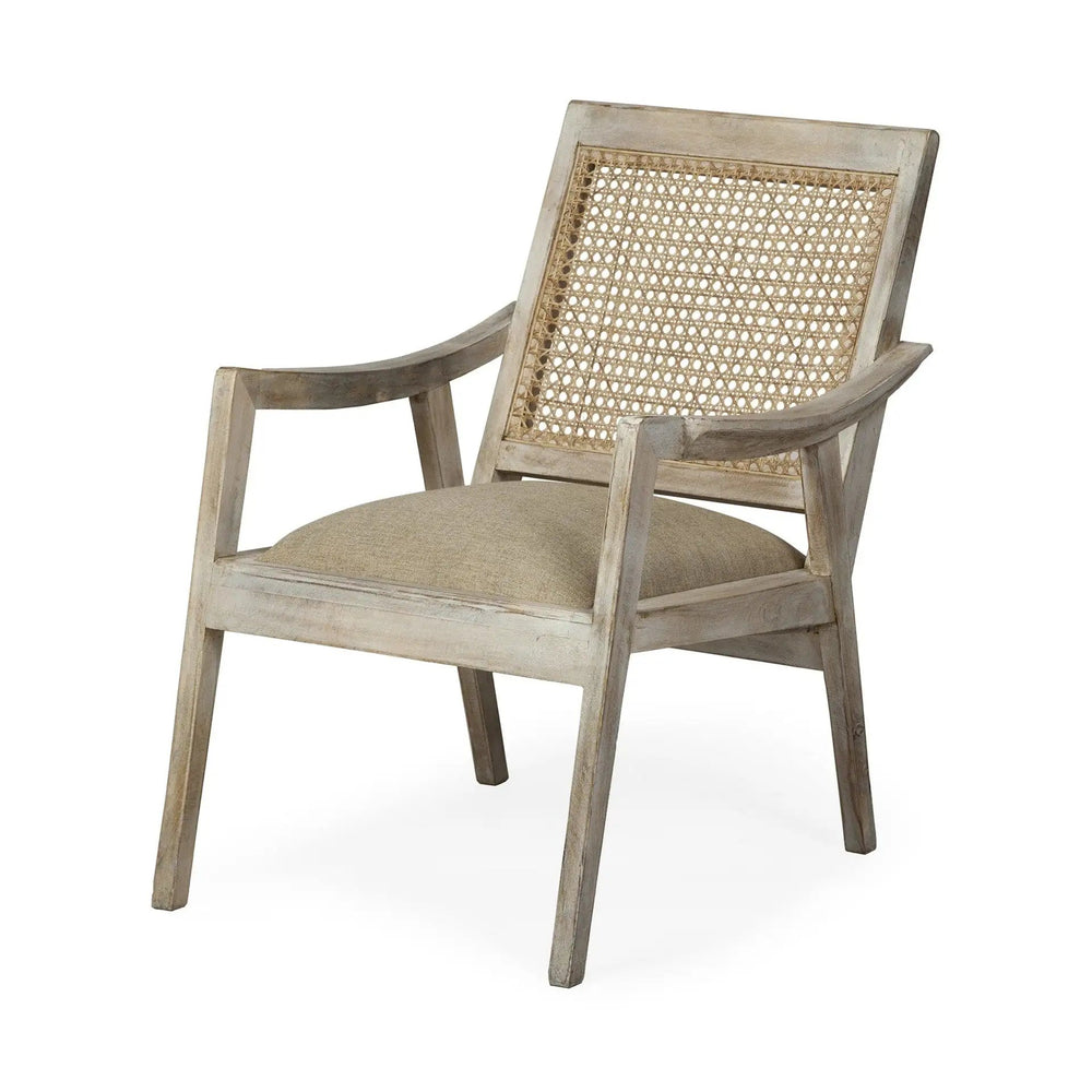 28" Cream And Natural Fabric Distressed Arm Chair - Homeroots