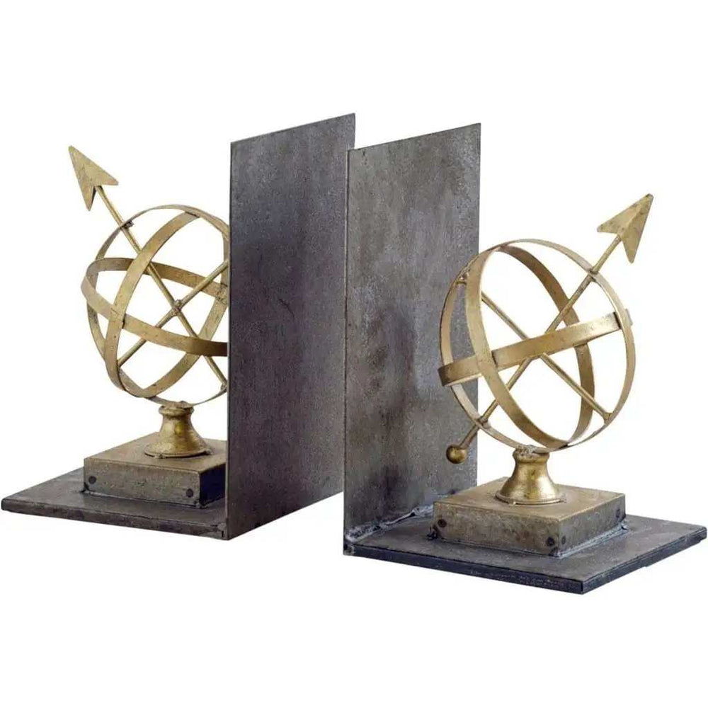 Set of Two Gold Metal Sphere Compass Decorative Bookends - Homeroots - Flyclothing LLC